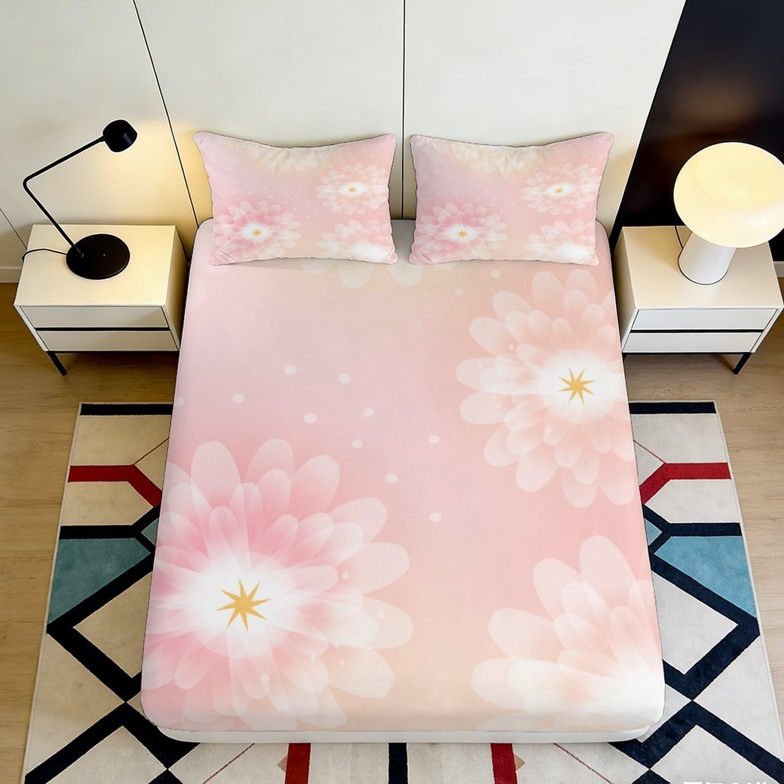 3D Printed Pink Daisy Fitted Sheet Microfiber Soft Floral Mattress Cover for Bedroom Guest Room Dorm Decor 90x200x25cm