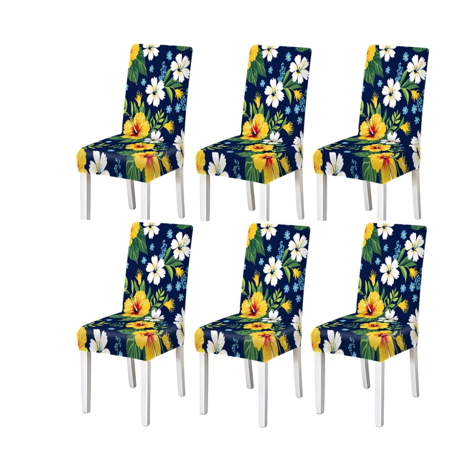 Kxuauv One Color Tropical Navy Yellow White Hibiscus Floral Print Dining Chair Covers, Stretch Slipcovers For Kitchen Dining Room Summer Party, 2/4/6Pcs Seat Protectors For Restaurant Hotel Party(6Pcschair Cover)