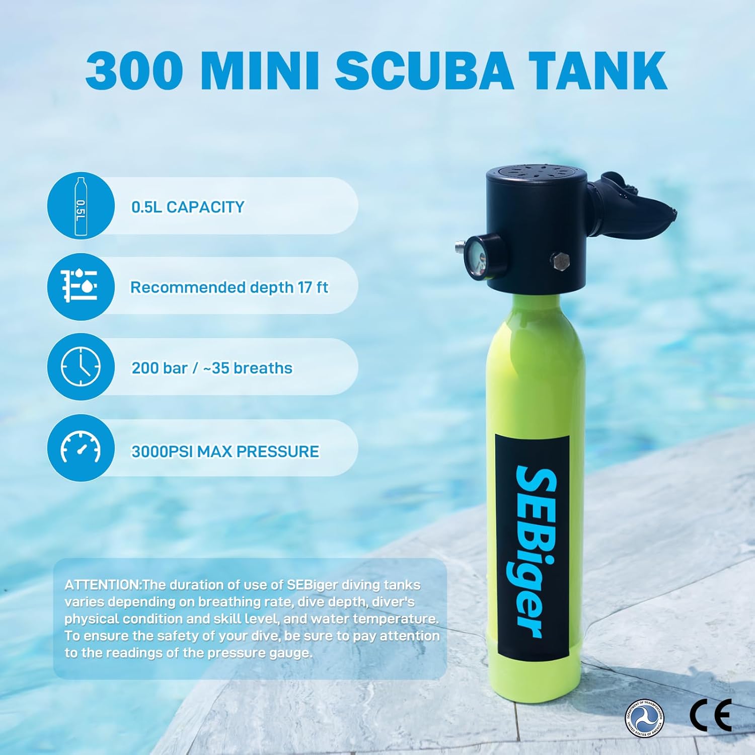 Diving Tank with DOT Certification Reusable Scuba 0.5L Pony Bottle Diving Cylinder Suitable for Underwater Work/Underwater Recreation