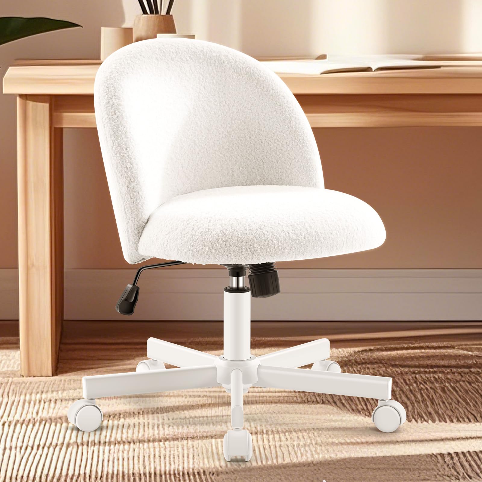 Morkprism Vanity Chair with Back,Armless Desk Chair Cute Small Office Chair,Teddy Fabric Computer Chair with Adjustable Height,120°Tilting,Rolling,Swivel for Vanity,Kids Room,Office,Bedroom White