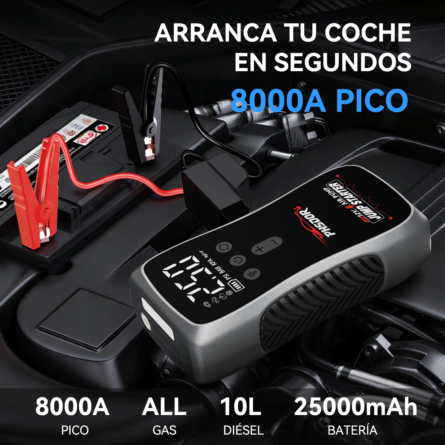 8000A Arrancador de Coches con Compresor de Air, 25000mah 150PSI Arrancador de Baterias de Coche (hasta Todo Gas o Diésel de 10,0L), 12V Arrancador de Coches Portatil, Jump Starter con luz LED