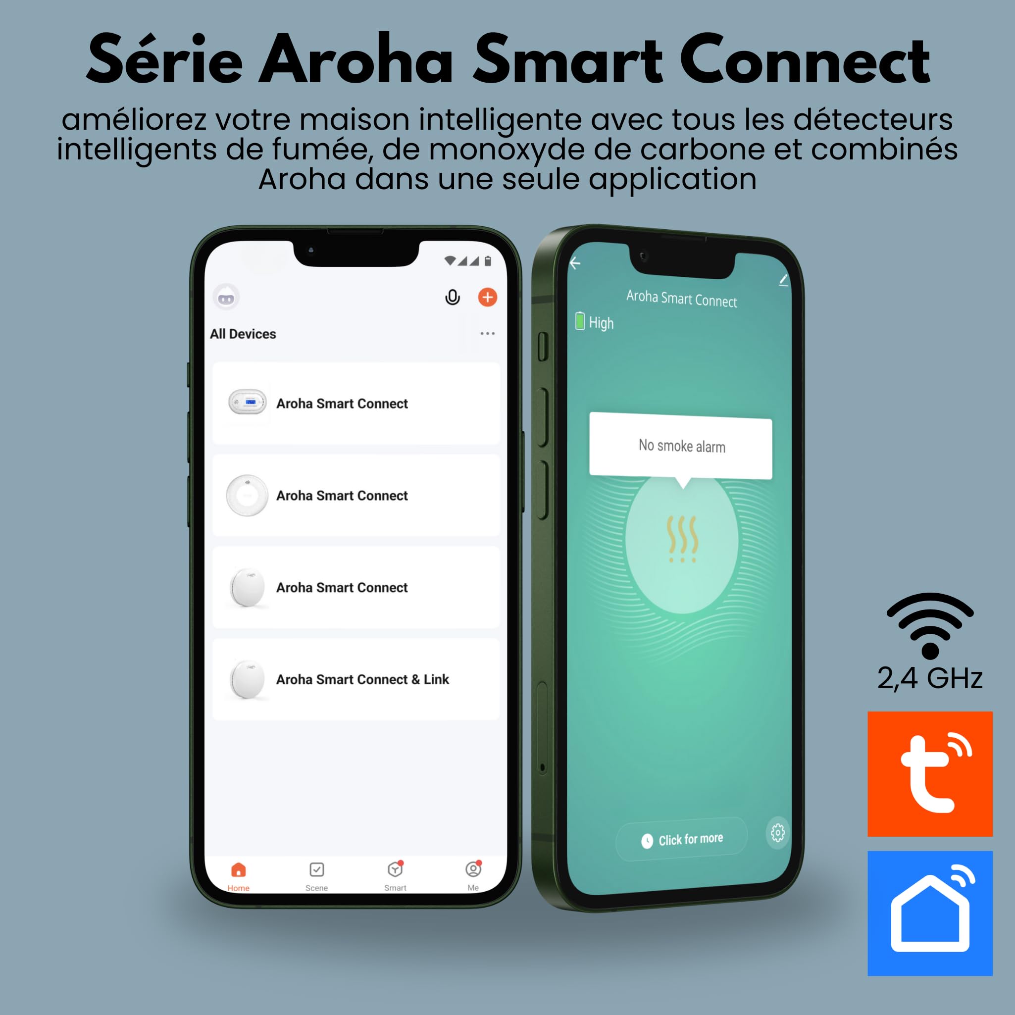 Aroha Smart Connect Détecteur Combiné avec Fumée & Monoxyde de Carbone Connecte - Batterie 10 Ans - Alarme Incendie & CO, Tuya, Smartlife - 3 pièces