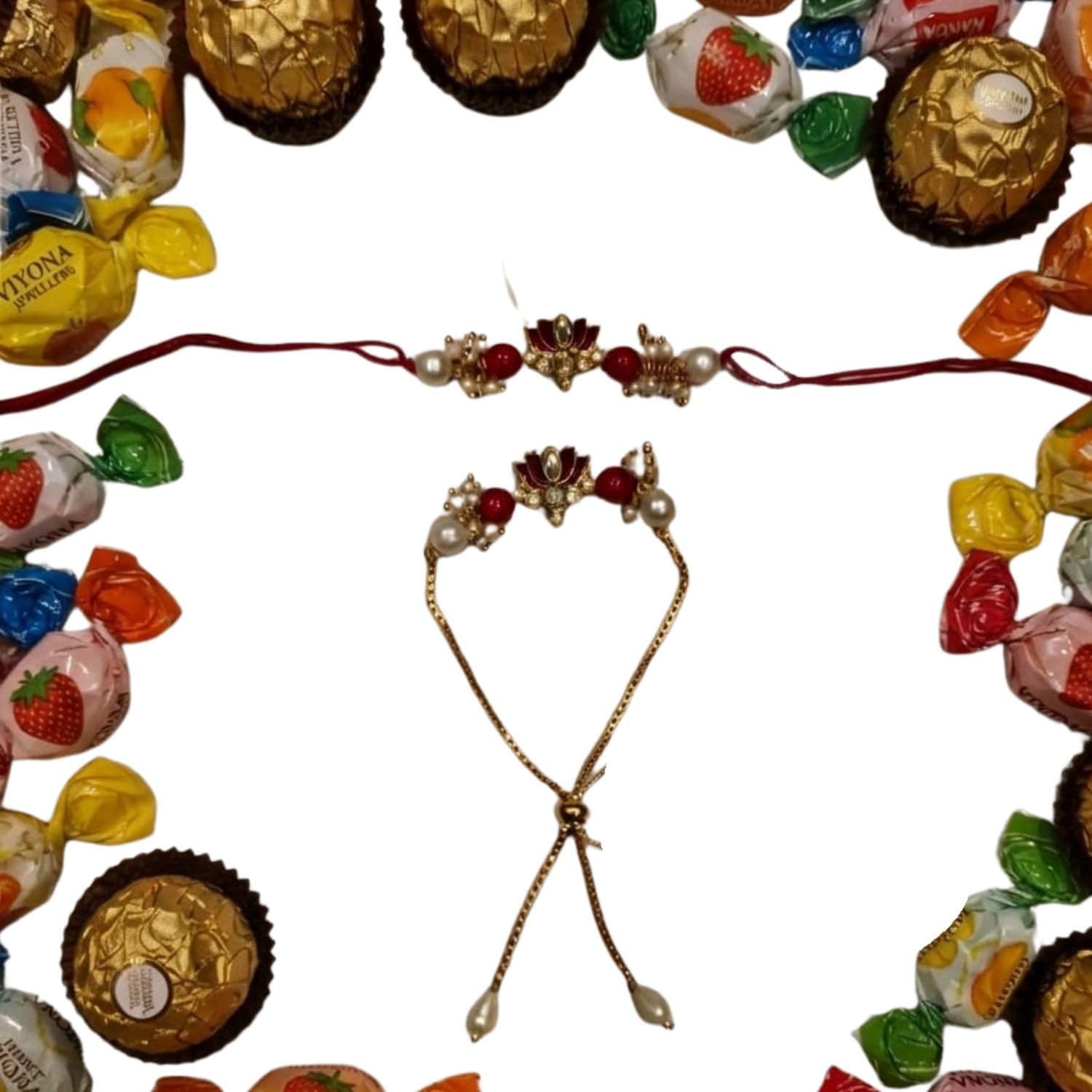 Lotus Motif Rakhi and Bracelet Pair with Premium Thread and Chain Design-picture-44