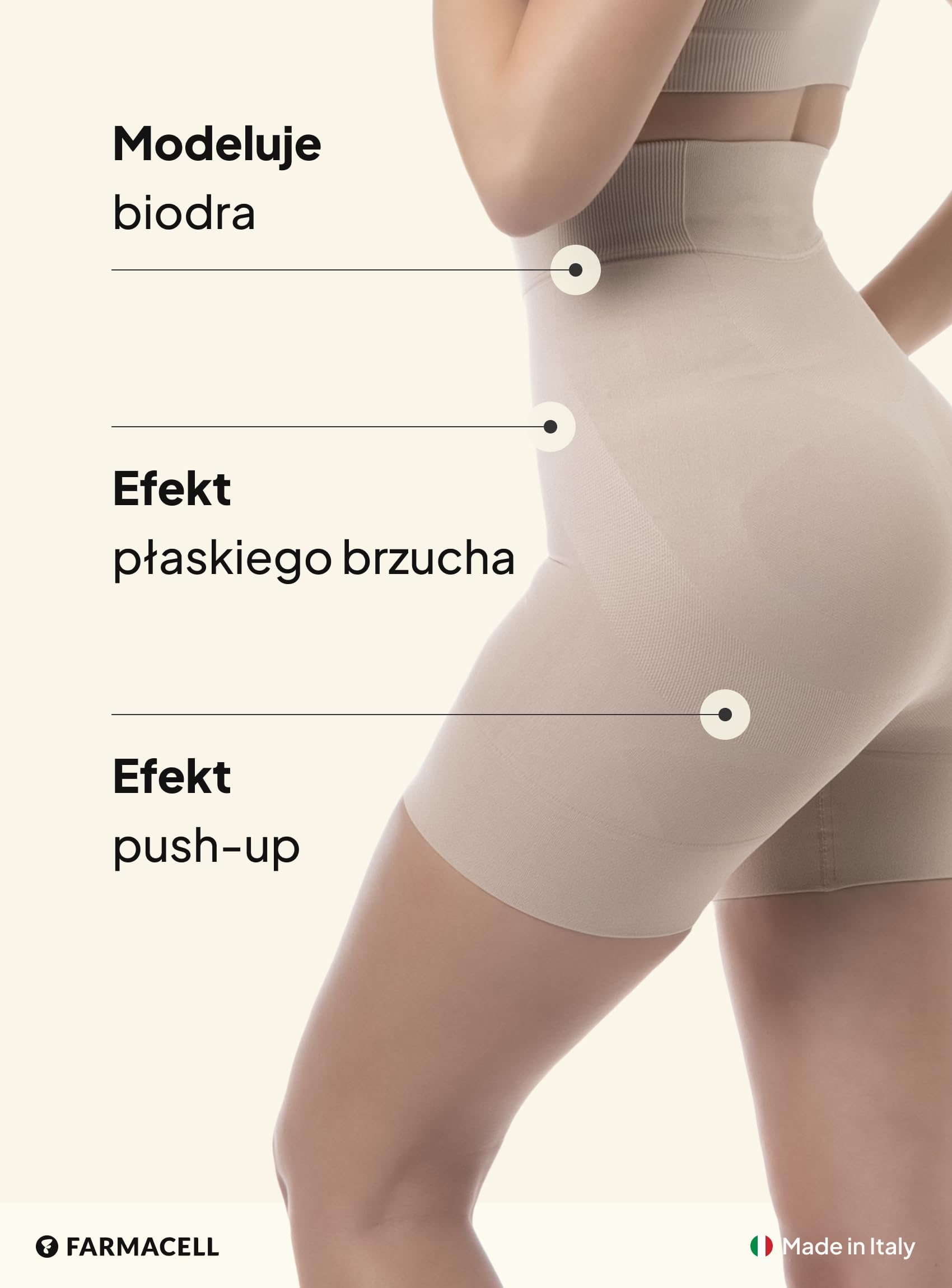 Farmacell Krótkie Szorty Modelujące Damskie, Kontrolą Brzucha, Push-Up, Made in Italy, 602