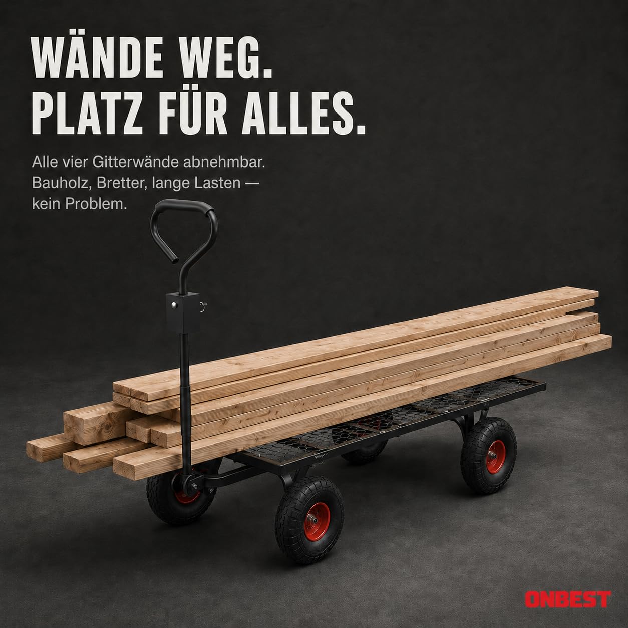 ONBEST Bollerwagen 550 kg – Gartenwagen mit klappbaren Seitenwänden | Großer 205 L Gitterkorb aus Metall – Outdoor-Transportwagen und Lastenwagen für Garten, Hof und schwere Transporte