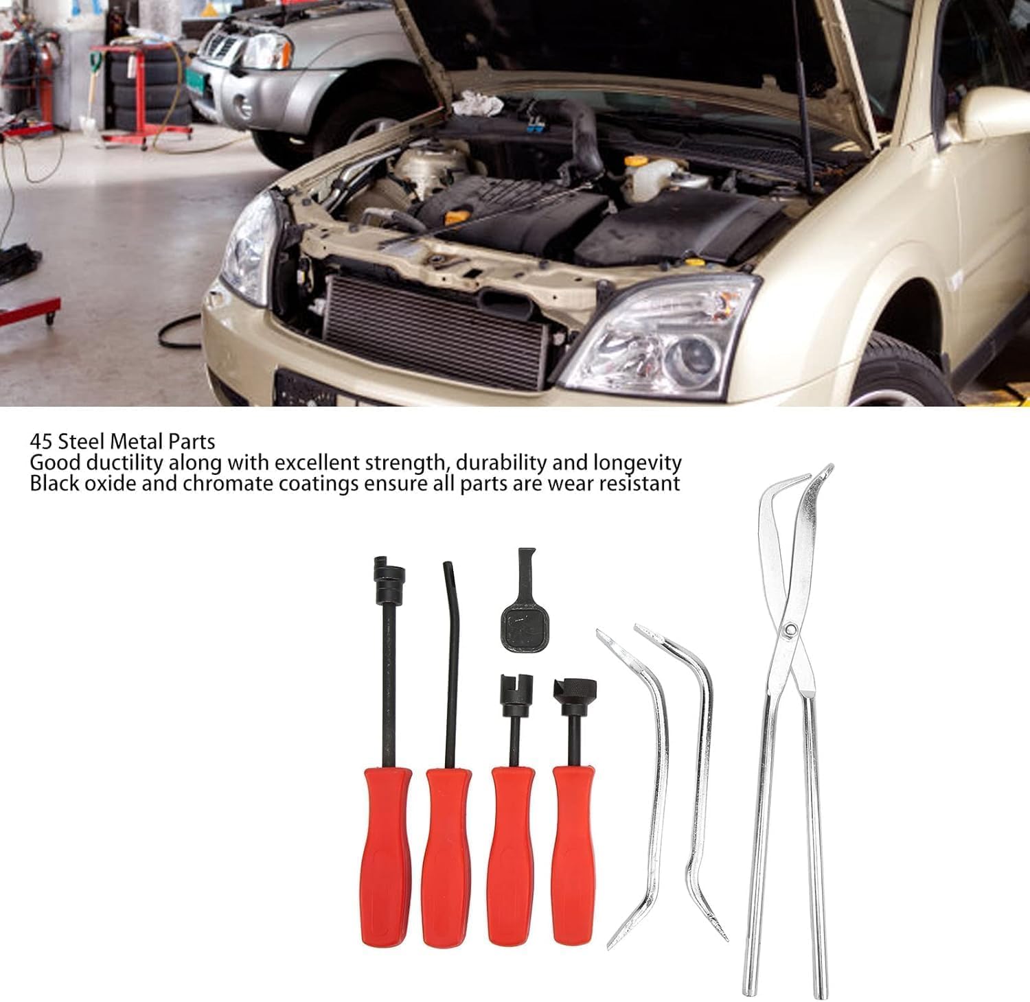 Kit di 8 utensili per l'estrazione dei freni a tamburo, universale, in acciaio 45, con rivestimento cromato ossidato e scatola portaoggetti