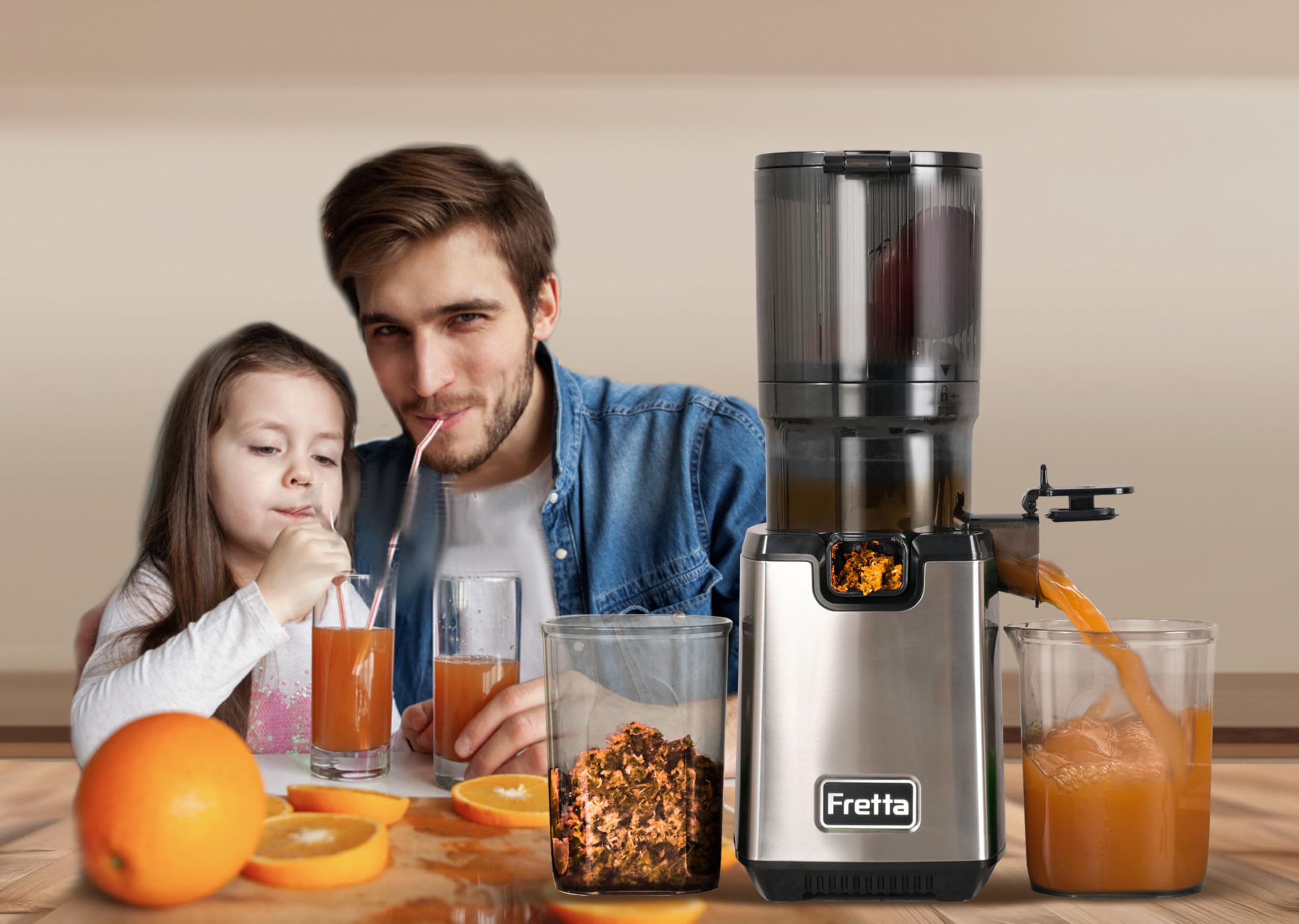 Fretta Extracteur de Jus à Mastication Lente 250W, Grande Goulotte 135mm, Sans BPA, Acier Inoxydable
