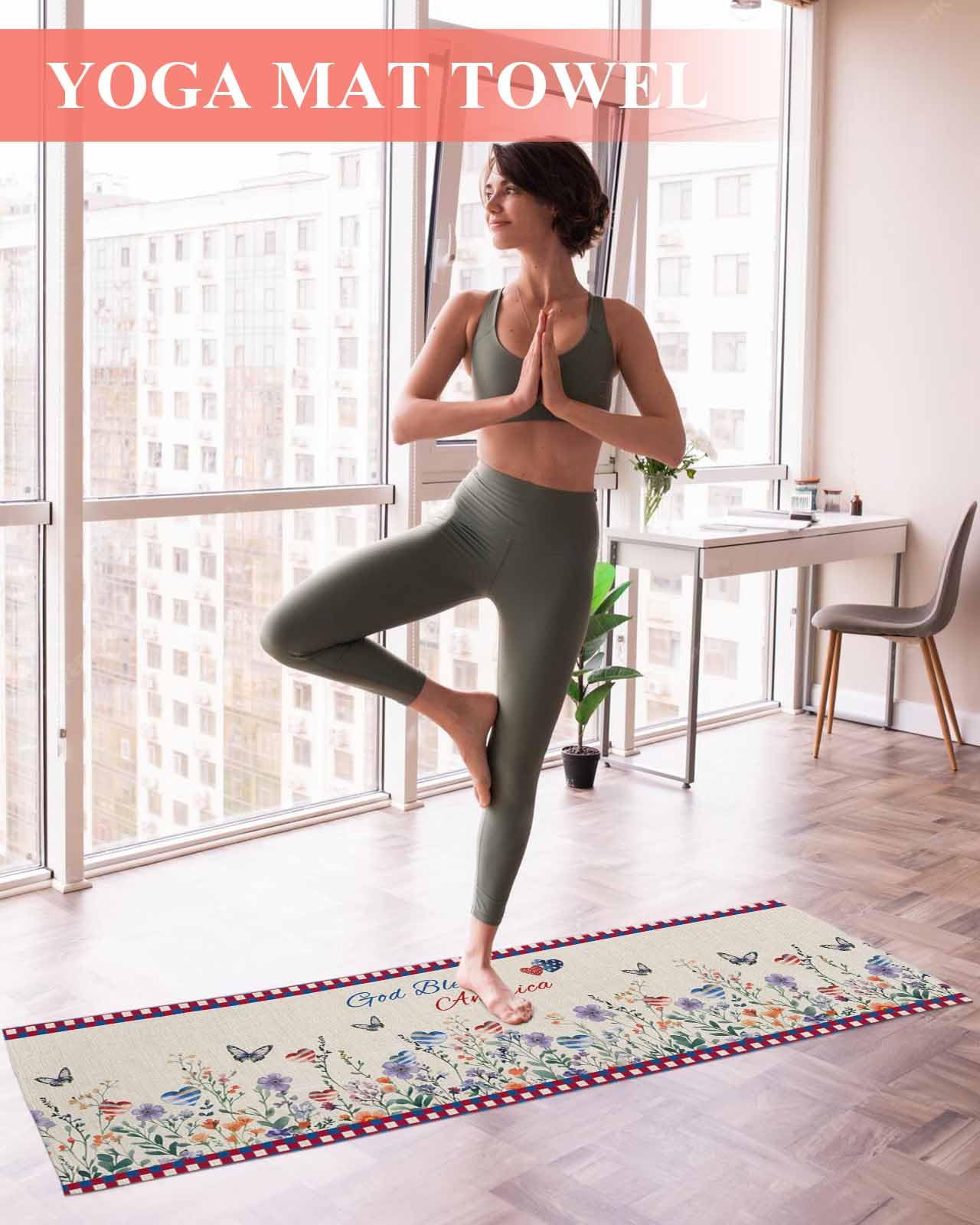 Yoga Mat Towel,4th of July Flower Butterfly on Vintage Linen Non Slip Sweat Absorbent Hot Yoga Towels with Corner Pockets,American Flag Theme Soft Microfiber Towel for Pilates Bikram 74