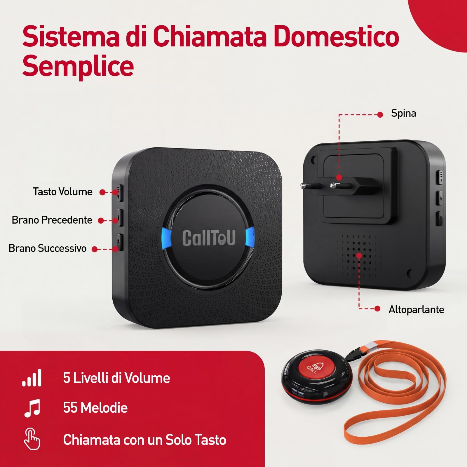 CallToU Salvavita Anziani di Emergenza Pulsante di Chiamata, Wireless SOS Anziani Pulsante Cercapersone, Oltre 500 piedi per casa/anziani/pazienti/disabili