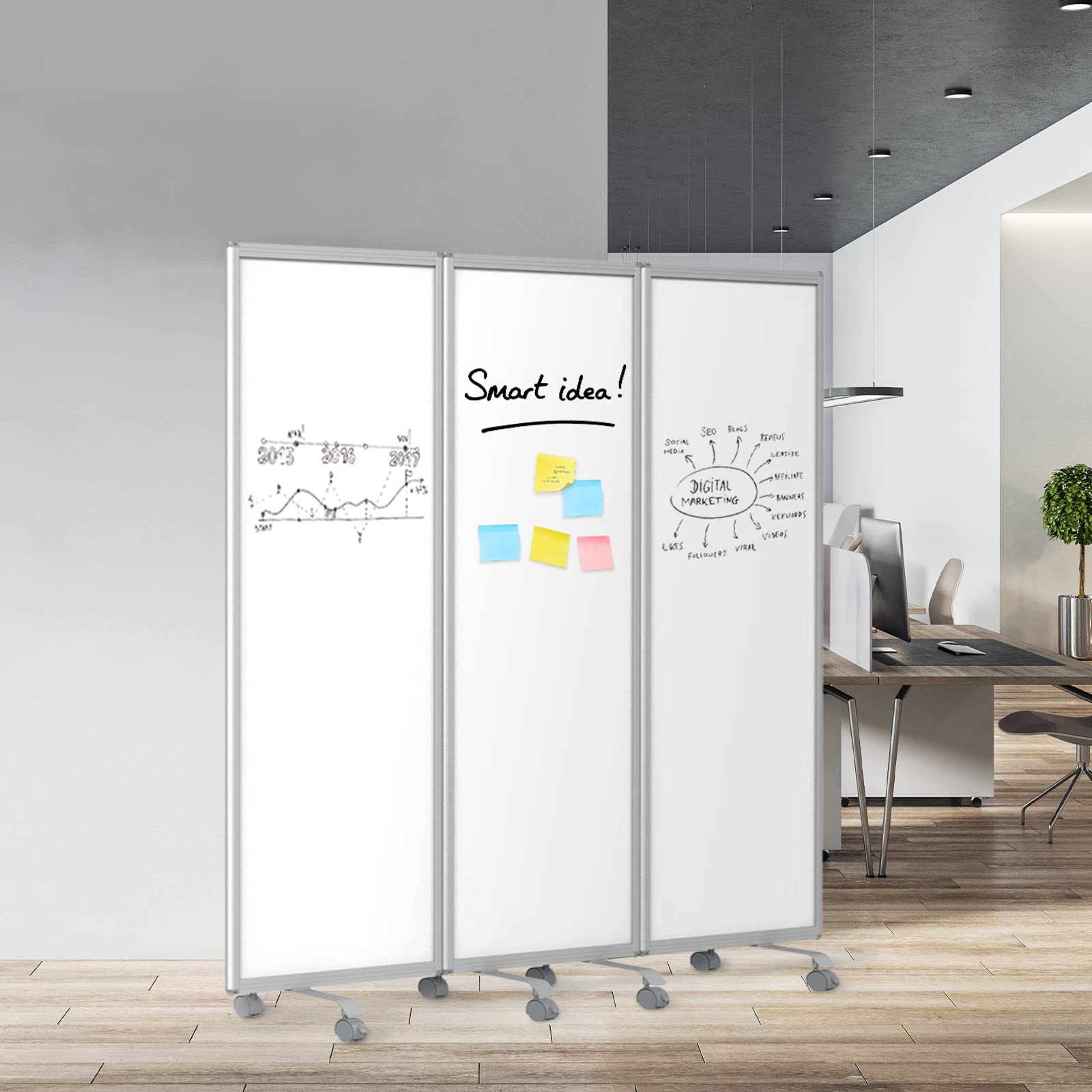 MoB Mobile Trennwand Raumteiler für Büro, Arbeitsplatz Innen faltbare & flexible Präsentationsboard mit beschreibbarer Oberfläche - Whiteboard mit Alurahmen - Magnetboard (Whiteboard, 180 x 180 cm)
