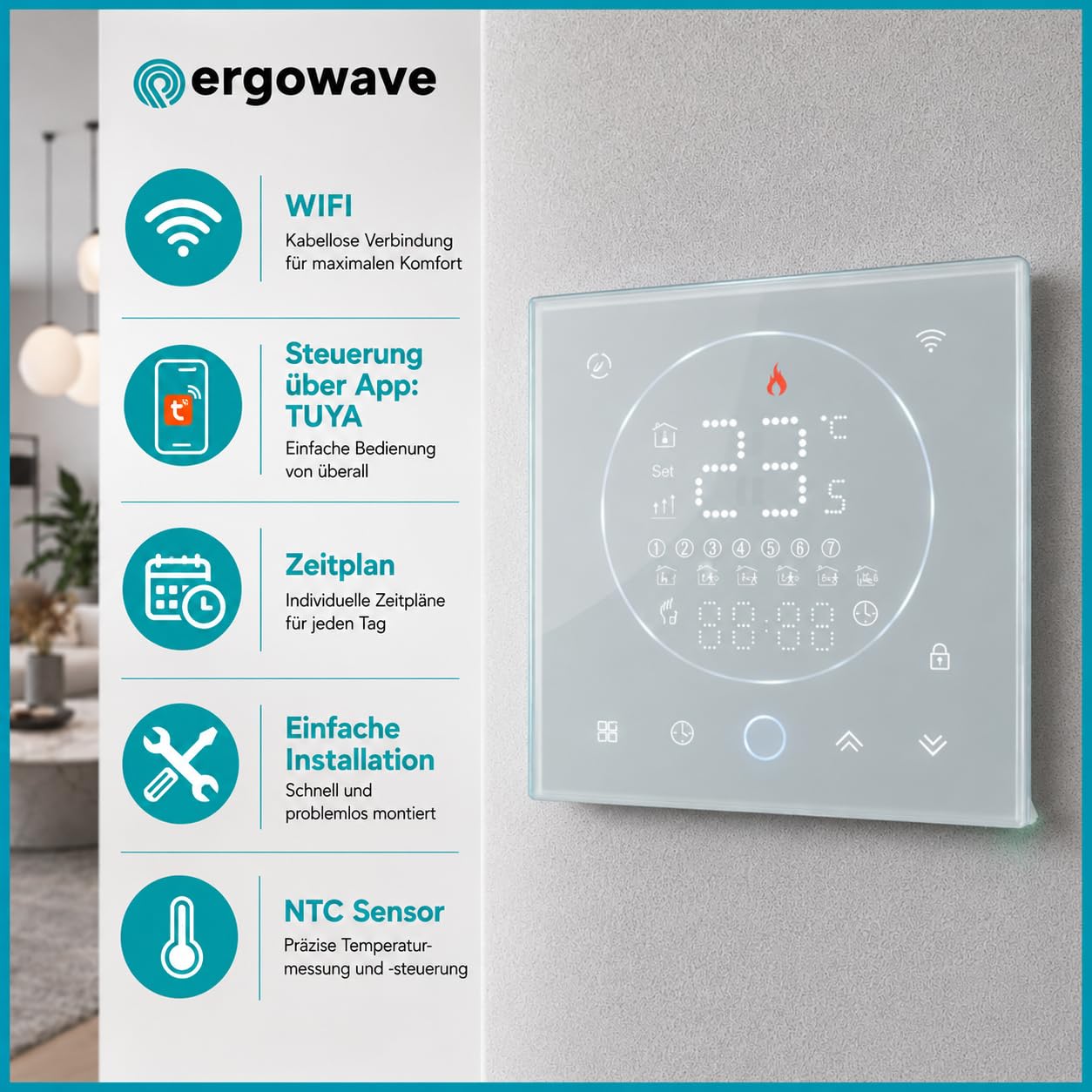 elektrische Fußbodenheizung, Heizmatte mit Thermostat für Fliesen 160 W/m² | Heizkabel 3,6 mm dünn, selbstklebend, IPX7 wasserdicht, App-Steuerung, 0.5-20 m² wählbar, für Bad & Küche