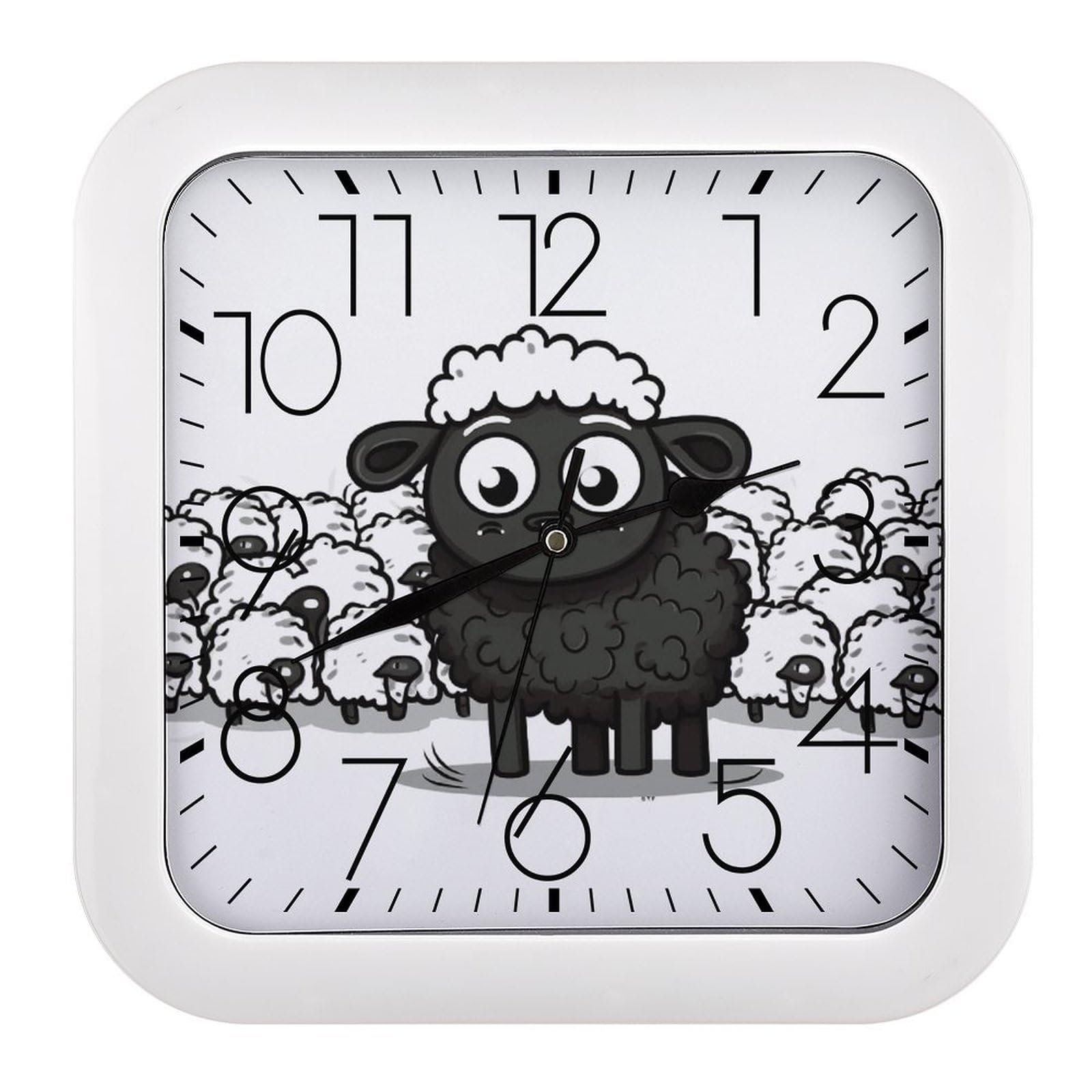Horloge murale mouton noir et blanc de forme carrée au design rétro