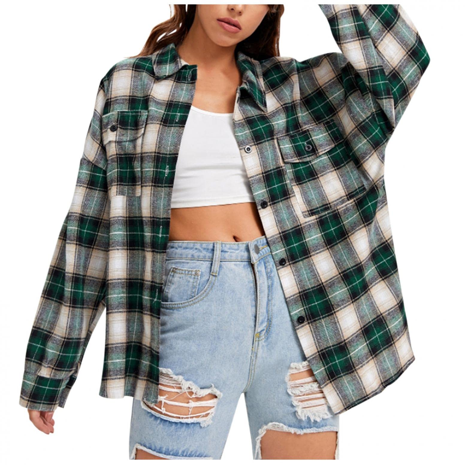 SIGOYI Checked Fleece Jacket Womens Shacket Boyfriend Long Sleeve Shirt Fall Winter Baggy Lapel Warm Cardigan Trench Coat