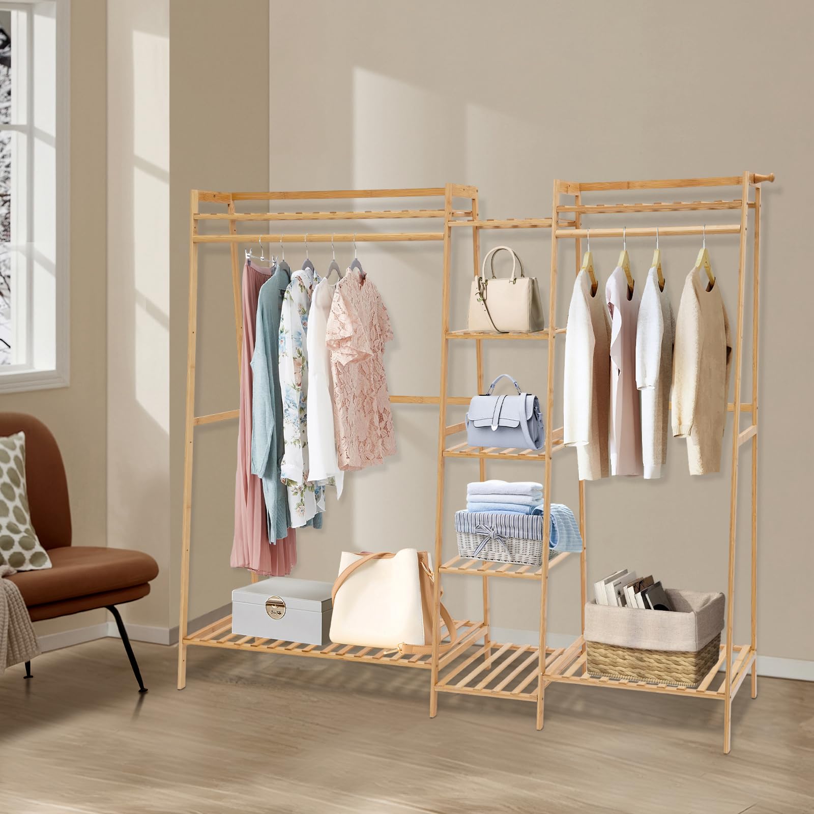 Appendiabiti espandibile con ripiani, 4 appendiabiti, 9 ripiani, per lavanderia, balconi, camere da letto e negozi di abbigliamento (160 × 40 × 140 cm)