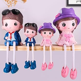 Decorative Family Set Showpiece - Polyresin Hanging Legs Statues - Cute Cabinet Figurines With Sipper Drinks (4 Pcs Set, Multicolor)