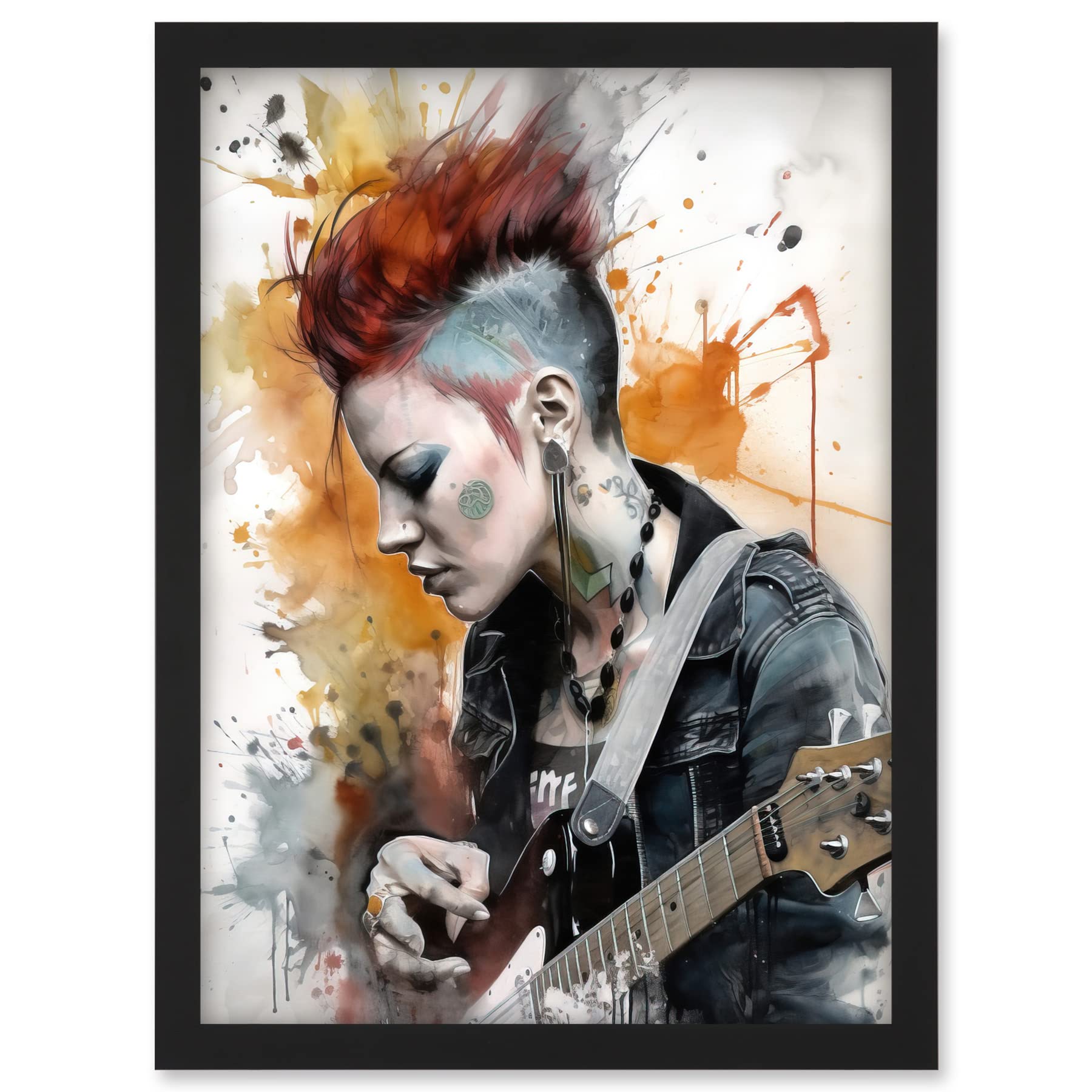Artery8 Edgy Young Punk Woman with Mohawk and Electric Guitar Modern Watercolour Painting Artwork Framed A3 Wall Art Print