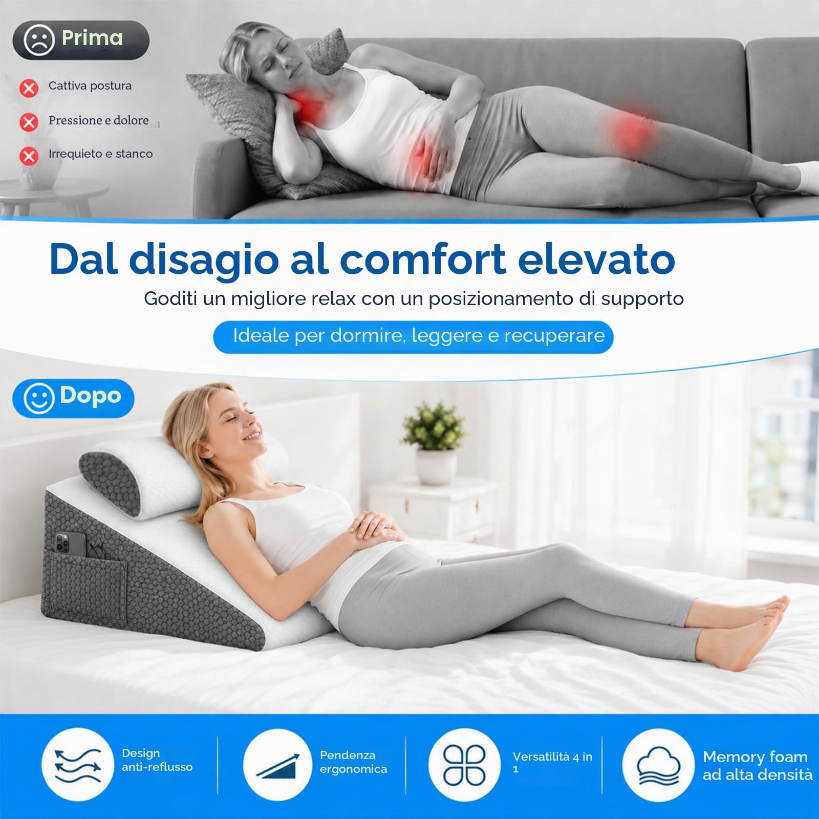 Cuscino a cuneo in memory foam, cuscino triangolare inclinabile con cuscino cervicale, lavabile, per collo, gambe, schiena, dormire, lettura, post recupero gravidanza