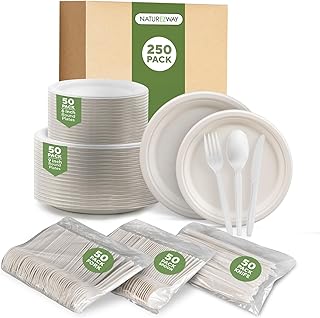 Compostable Bamboo Paper Plates Set by Naturezway, 250 Pieces - Eco-Friendly Plates and Utensils for Parties, Weddings & E...