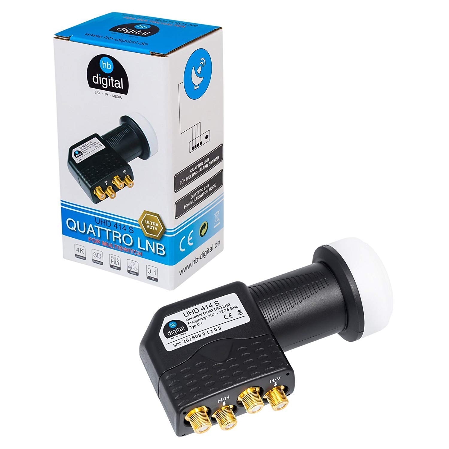 HB-DIGITAL DVB-S / S2 multiswitch 5/8 + Quattro LNB UHD 414 S + 24 F-conector distribuidor multiswitch para 1 SAT 8 participantes Capacidad cuádruple incl.Fuente de alimentación MS58Q-HB 4K UHD