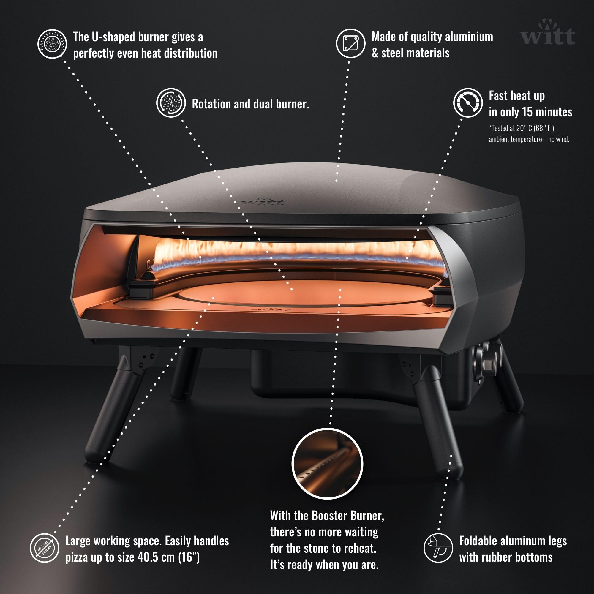 WITT Forno pizza a gas WITT ETNA ROTANTE per pizza napoletana e in teglia, lasagne PIETRA GIREVOLE ROTANTE AUTOMATICA (NERO)