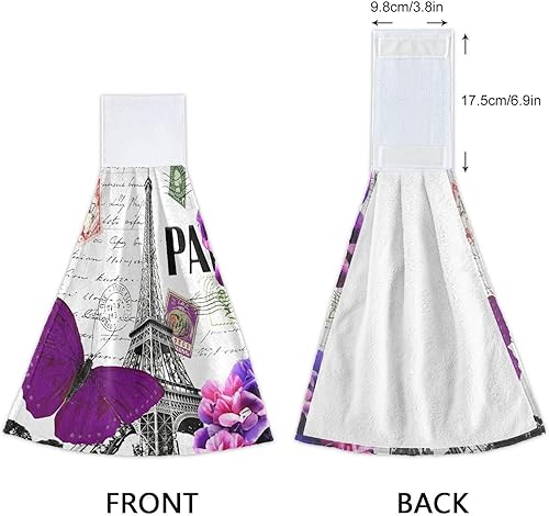 Miniatura 4 de STAYTOP Juego de 2 toallas de mano de mariposa morada y torre Eiffel, suaves y de rápida absorción, toallas colgantes o calcomanías mágicas con