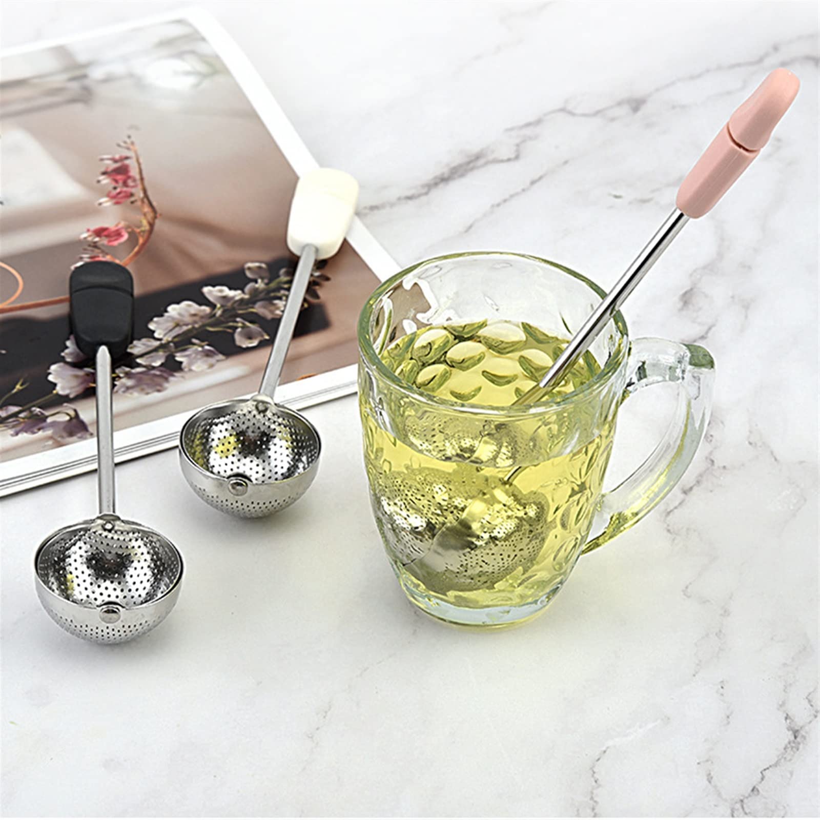 Colino da tè in rete in acciaio inox, riutilizzabile, in metallo, filtro per foglie sfuse, colino per tè verde, per tazza, teiera e teiera (bianco)