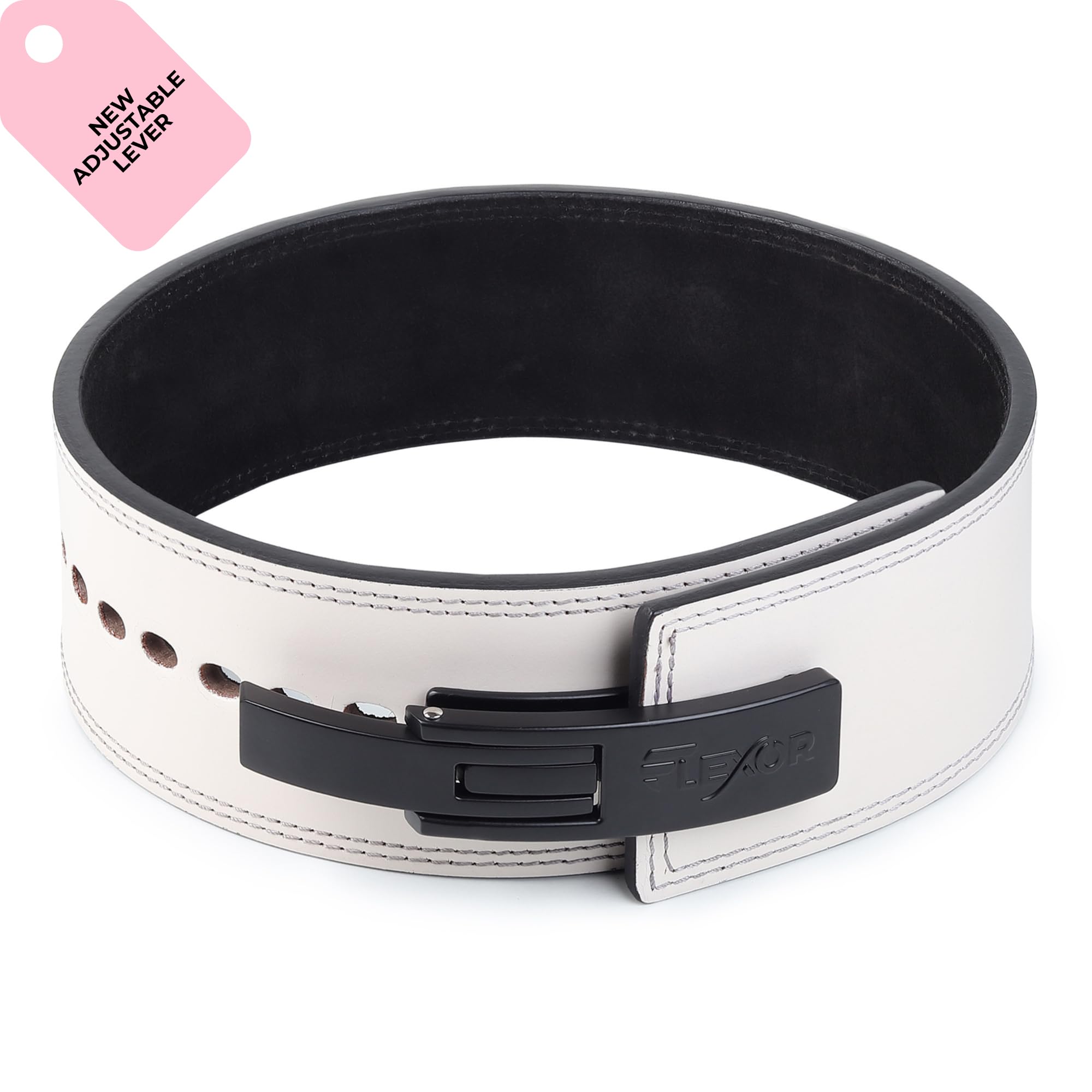 Flexor Powerlifting Adjustable Lever Belt | 10mm Premium Leather | Micro-Adjust Lever Buckle | Powerlifting, Powerbuilding, Bodybuilding & Gym Training Belt for Squat & Deadlift (Men & Women) (White, M)-image-6