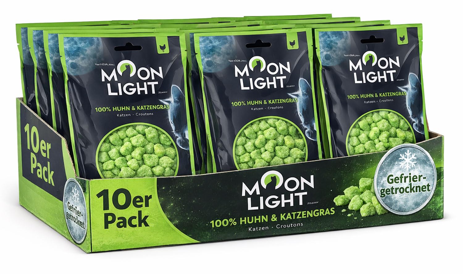 Moonlight Lot de 10 paquets de croûtons pour chat – Poulet et herbe à chat, lyophilisé, collation & garniture pour chat de qualité supérieure, sans céréales ni sucre