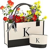 Personalized Monogrammed Canvas Tote Bag with Zippered Makeup Pouch - Custom Initial Tote for Mom, Teacher, Sister, Gifts
