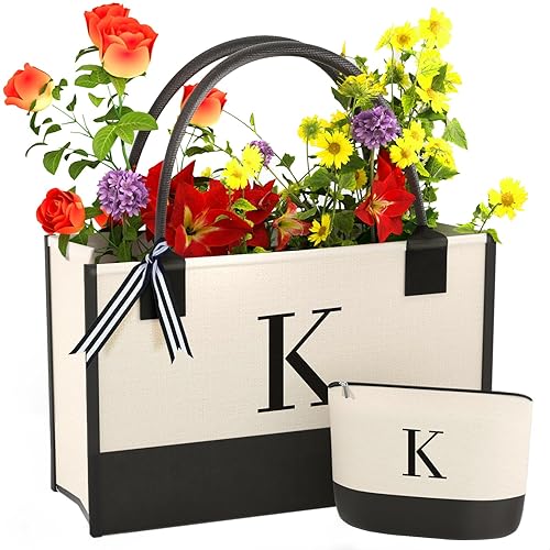 Monogrammed Canvas Tote Bag with Zipper Pockets - Ideal Gift