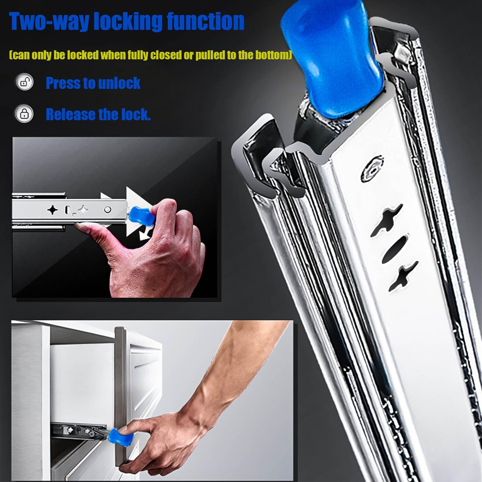 Guías para cajones de alta resistencia, El cajón ancho de 53 mm desliza el soporte lateral del rodamiento de bolas de extensión completa 120 kg 250-1500 mm(Without Lock,250mm)
