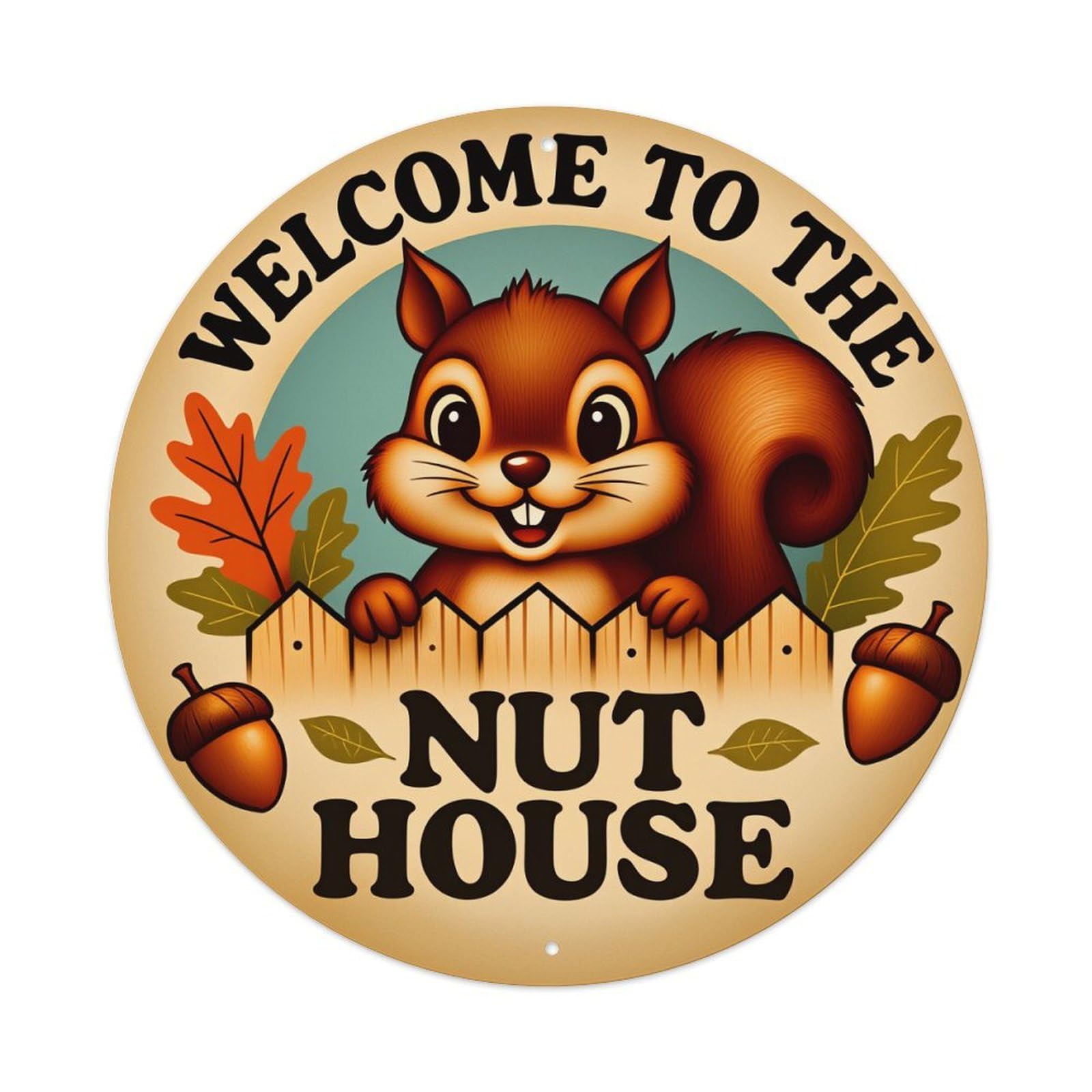 Squirrel Acorns Leaves Fence Sign Round Tin Sign Vintage Metal Poster Retro Bar, Home, Man Cave, Kitchen, Laundry Room Wall Art Decor Gift 8x8Inch