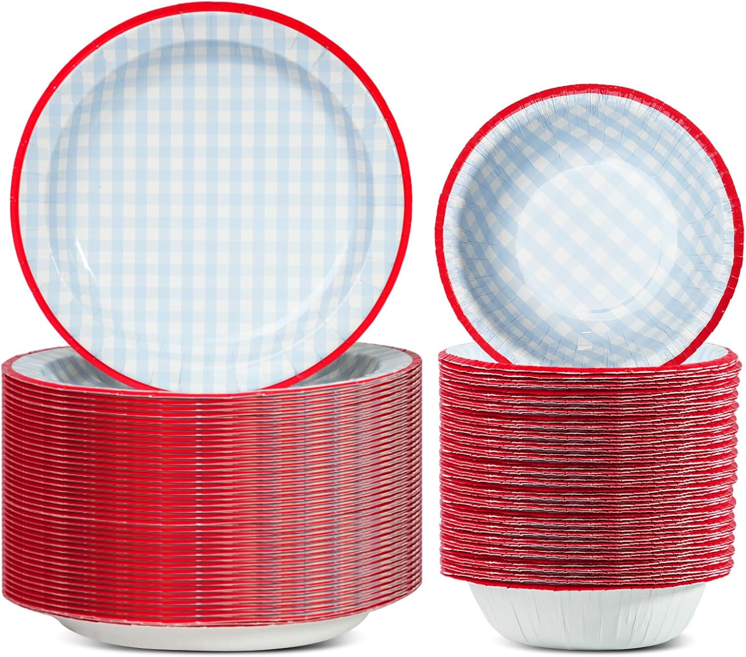 100 Pcs Gingham Paper Plates and Bowls Set - 50 Pcs 8.7 Inch Disposable Blue Gingham Plates and 50 Pcs Small Paper Bowls 8 oz Soak Proof, Cut Proof, Microwave Safe Party Supplies