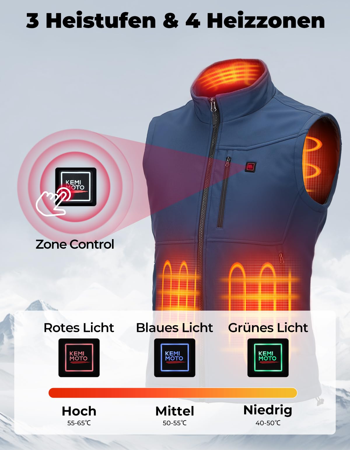 KEMIMOTO Chaleco Calefactable, Chalecos Impermeable Térmicos APP Exclusiva y Batería de 10000 mAh, Tejido Softshell Tela a Prueba de Viento 3 en 1, 4 Zonas de Calor Moto Esquí Senderismo