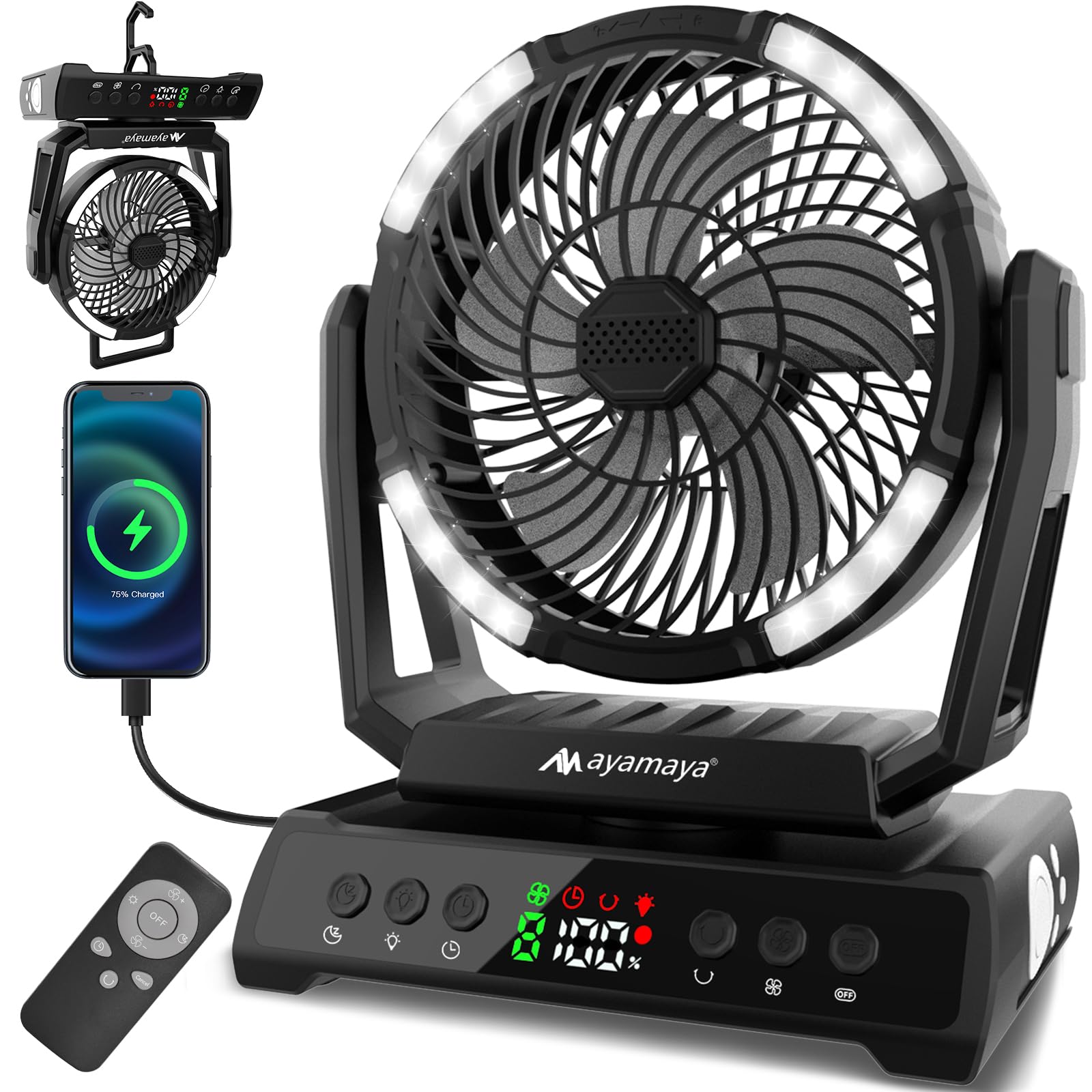 Ventilateur de camping rechargeable 20000mAh à rotation 270° et 9 vitesses réglables