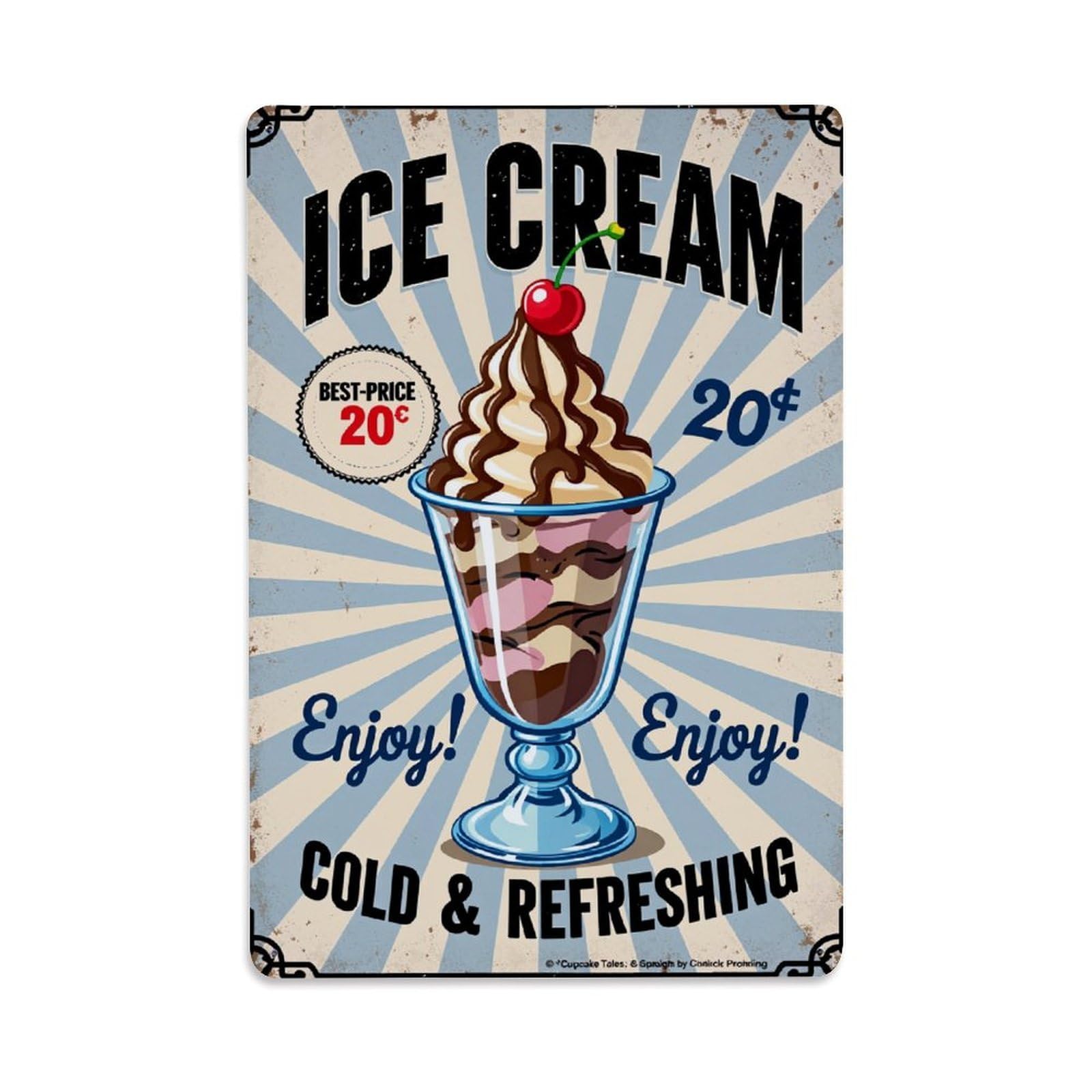 Ice Cream Sundae With Cherry Vintage Tin Sign Retro Metal Wall Decor Metal Poster, Home Bar Garage Farmhouse Cafe Wall Art Decoration 8x12Inches