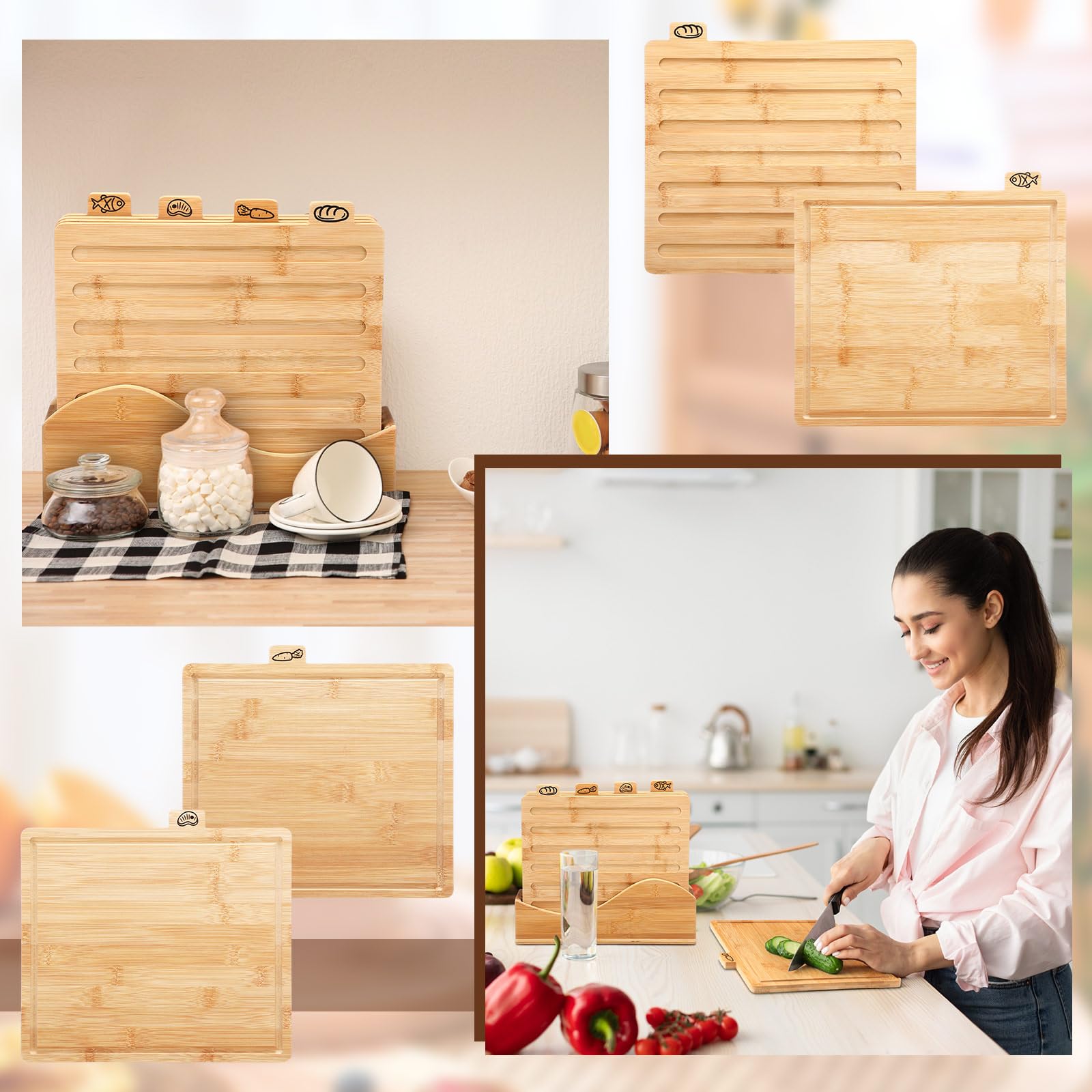 Jingmore Set di 4 taglieri in bambù con etichetta con icone alimentari, con supporto e scanalatura per succo, per cucina, carne, pesce, pane, verdure, frutta