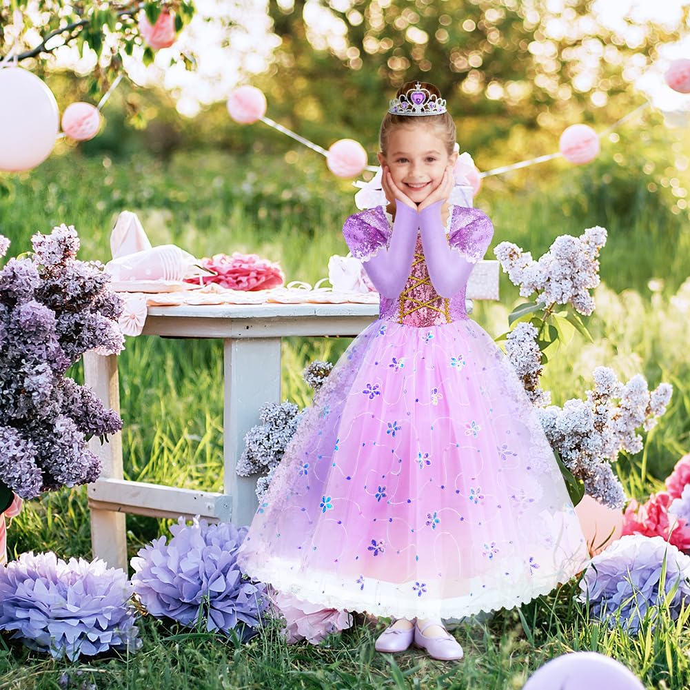 AOOWU Costume da Principessa Rapunzel per Bambina, Vestito Rapunzel con 6 Accessori, Abito da Principessa Viola, Cosplay Halloween Carnevale Abito per Ragazze(100-150)