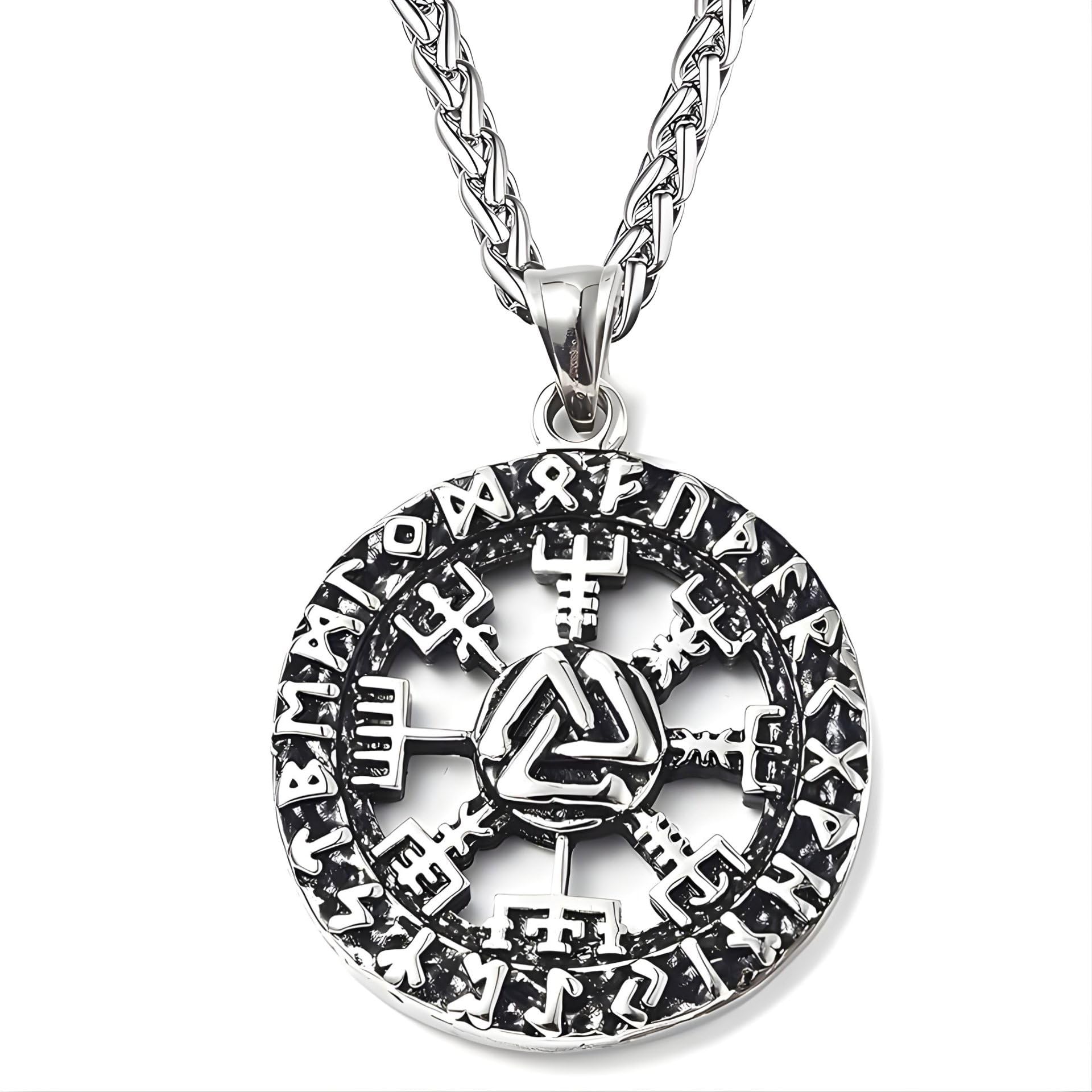 Stainless Steel Antique Silver Finish 'Vegvísir Path of Kings' Viking Compass Hip-Hop Pendant Necklace With Chain For Men And Boys | Rugged Macho Style Bold Biker Statement Jewellery For Daily, Club, Party Use & Gifting (NK1516) 1Pc