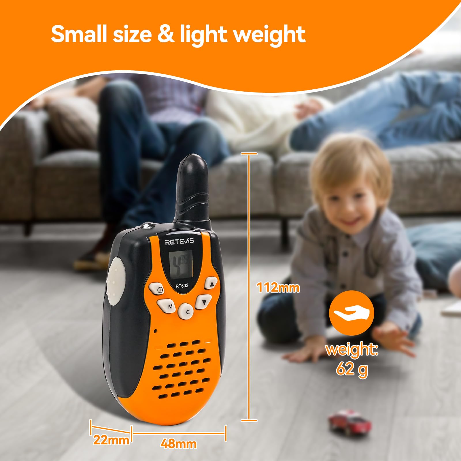 Retevis RT602 Walkie Talkie Ricaricabile Bambini, Batterie Li ion e Caricabatterie, Torcia a 8 Canali, Regali Natale Bambini a Lungo Raggio per Attività al Chiuso o all'Aperto (1 Paio, Arancione)