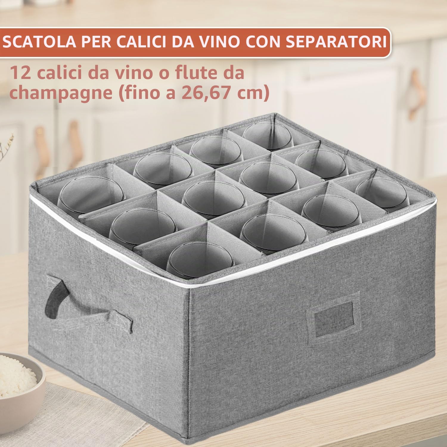 Vino Portabicchieri Scatole Trasloco, Impilabile Porta Calici con Partizione, Impilabileporta Bicchieri per 12 Bicchieri da Vino, Flute da Champagne, Guscio Rigido con Finestra per Etichett