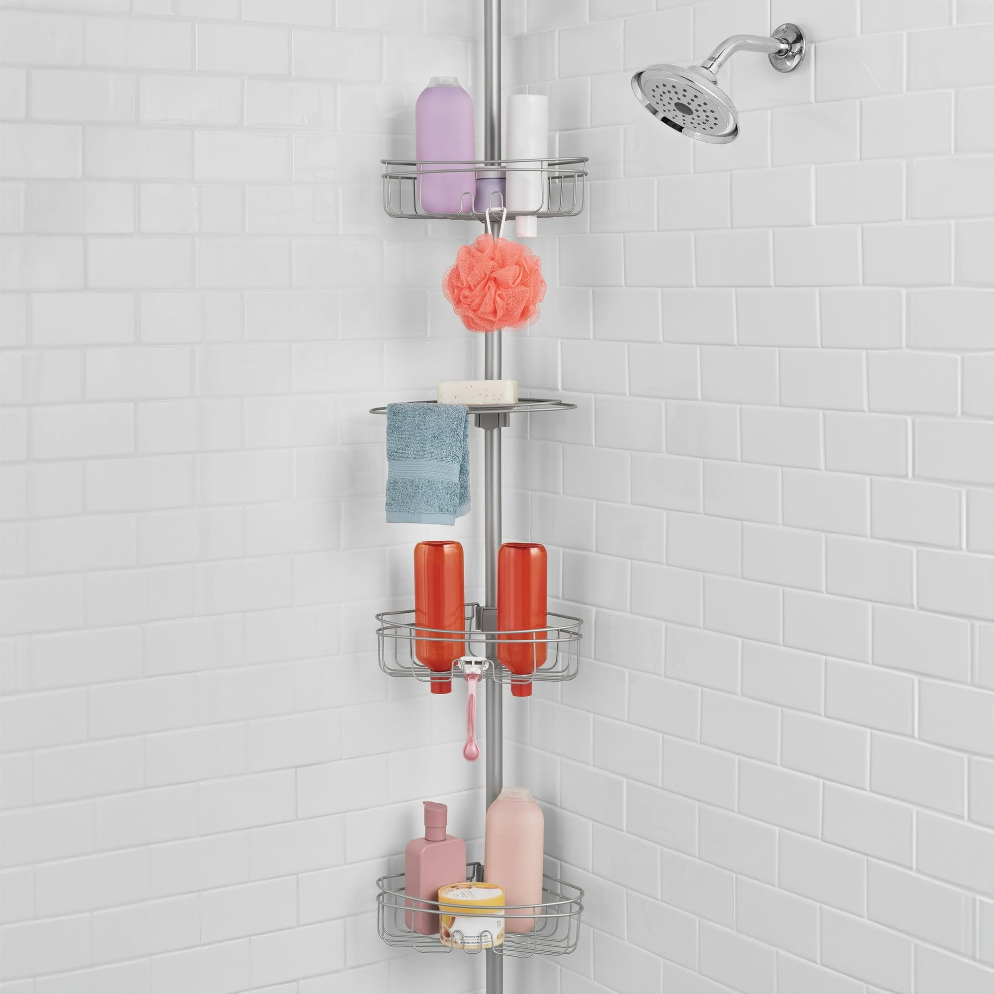 Tension Rod Shower Caddy with 3 Tier Storage Adjustable Corner Shower Organizer Pole with Hooks Rust-Resistant Metal Bathroom