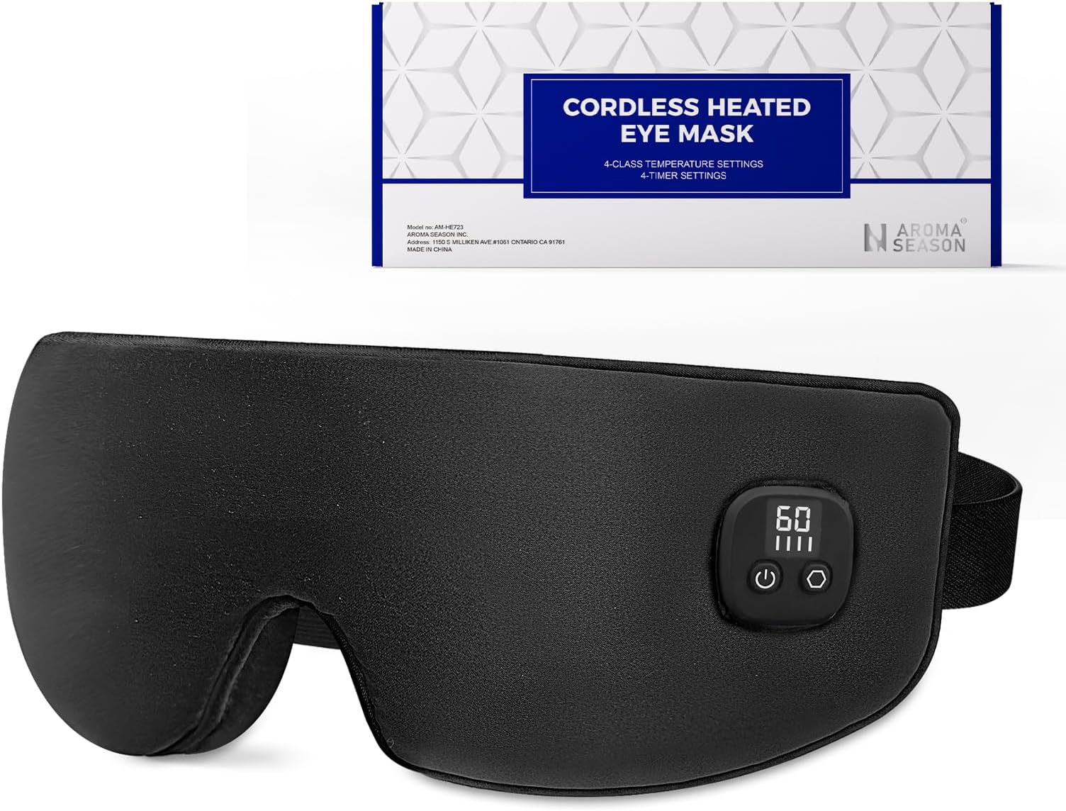 Aroma Season Silk Heated Eye Mask Cordless, 1500mAh Warm Eye Compress for Dry Eyes, Blepharitis, 4 Time Levels and 4 Temperature Settings, Washable (Black)