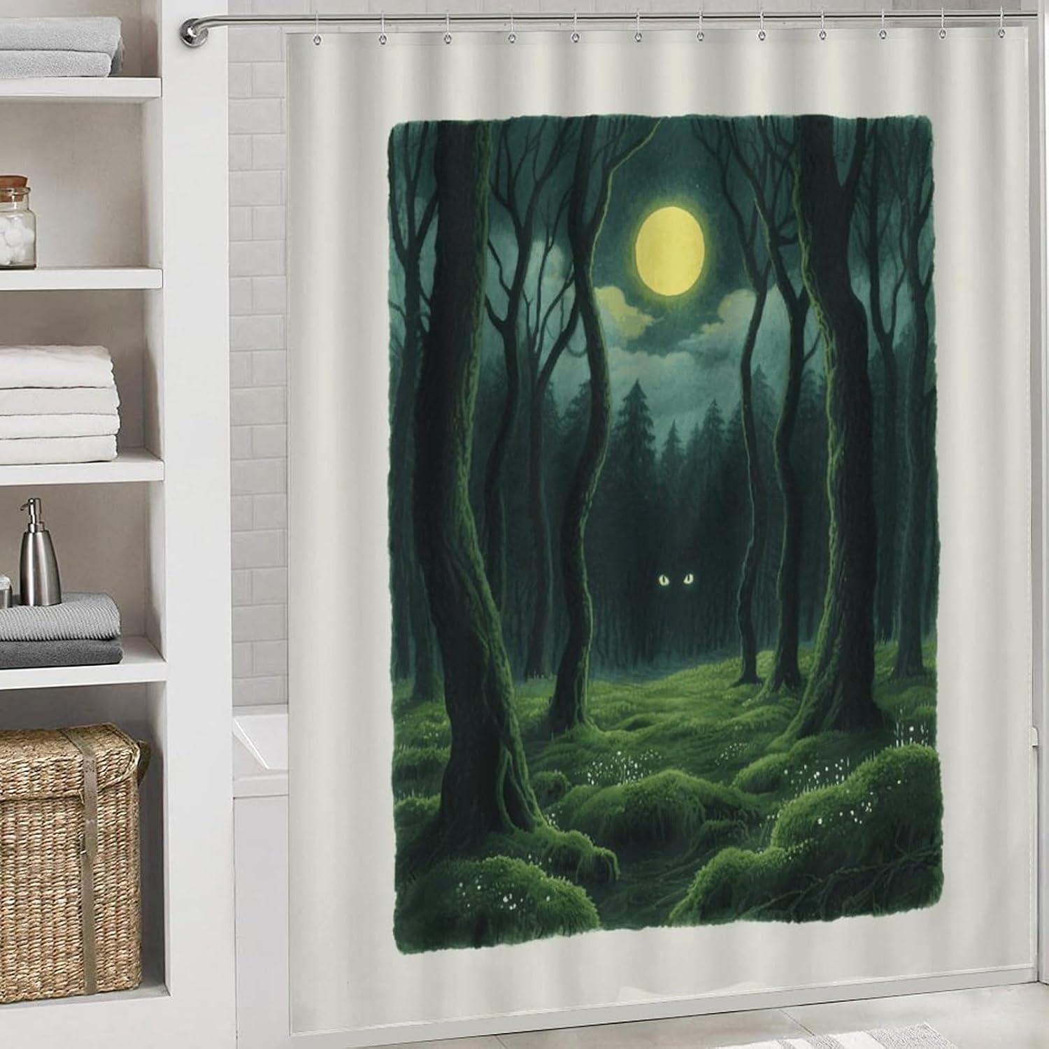 Late Night Forest Shower Curtain Set 4 Piece, Non-Slip Bath Mat with Toilet Lid Cover and Waterproof Shower Curtain with 12 Hooks, Complete Bathroom Set for Home Decor