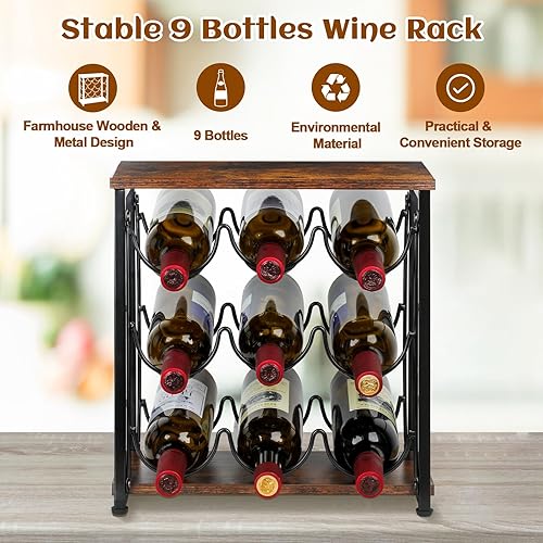 Miniatura 2 de Brightever Estante para vino, estantes de madera para vino, soporte de madera para 9 botellas, soporte de mesa para botellas de vino, soporte para