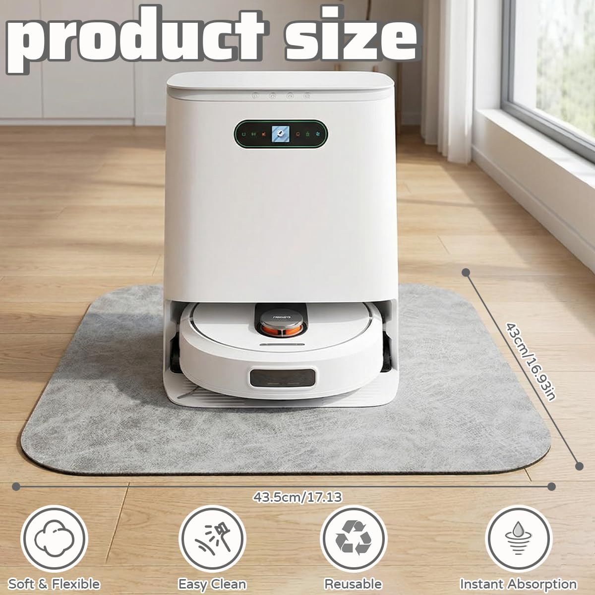 Tappeto Assorbente, 43.5 x 43 cm Robot Aspirapolvere Tappetino Assorbente Antiscivolo Tappetino Assorbente Universale Tappetino Assorbente per Spazzatrice in Gomma per Pavimenti Asciutti, Grigi
