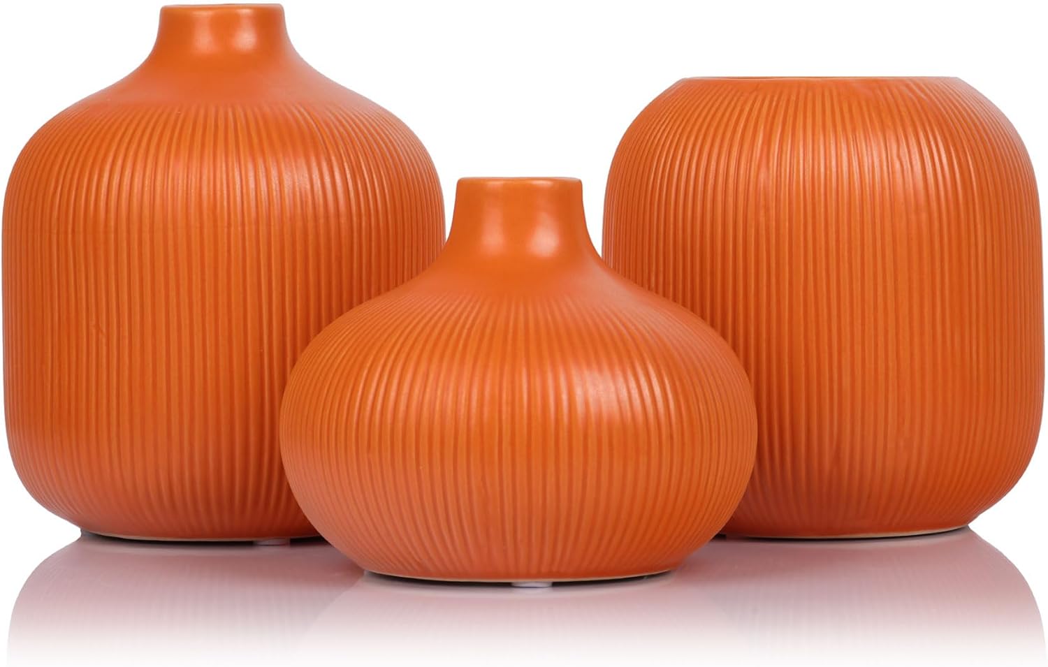 Orange Ceramic Vase Set of 3, 3 Orange Small Ribbed Vase
