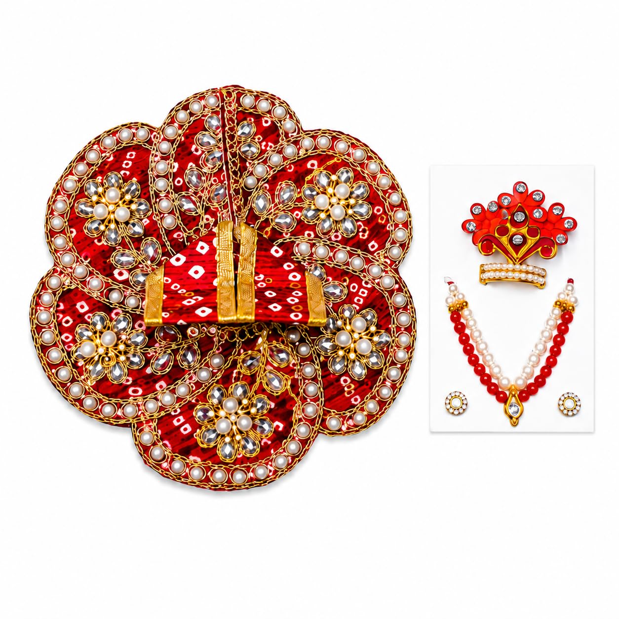 Laddu Gopal ji Dress | Poshak With Mala, Mukut, Earring Set | Premium quality kundan stones and pearl border on traditional bandhani look-picture-19
