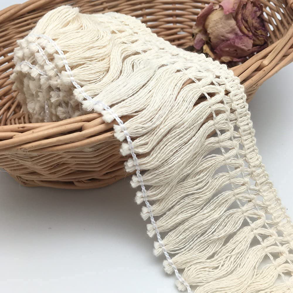 FQTANJU 10 Yards X 6cm Wide Cotton Tassel Fringe in Beige, 6cm 10 yards - Image 2