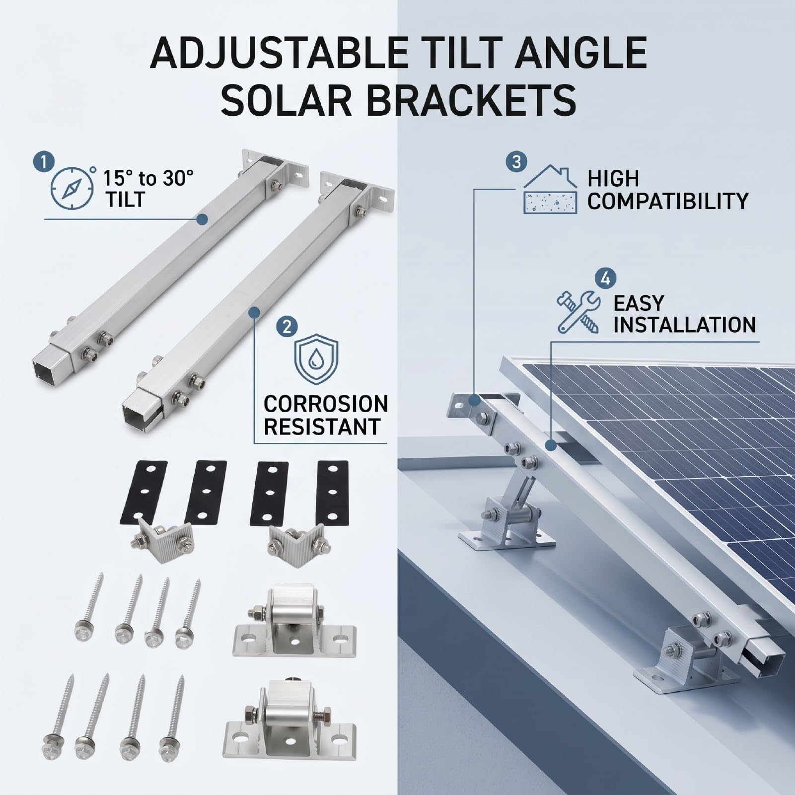 XUMIUZIY Solar Panel Mounting Bracket, Adjustable Angle 15-30° | Lega di alluminio resistente, facile installazione, adatta a pannelli di tutte le dimensioni